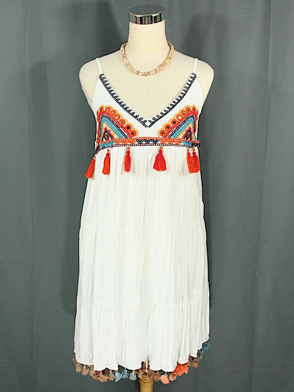 Area Stars Embroidered Mirror Trim Tassel Fringe Sundress Boho Hippie Dress L